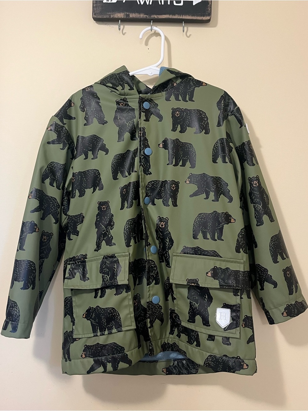 Kids' Hatley Olive Green Bear-Print Raincoat with Hood